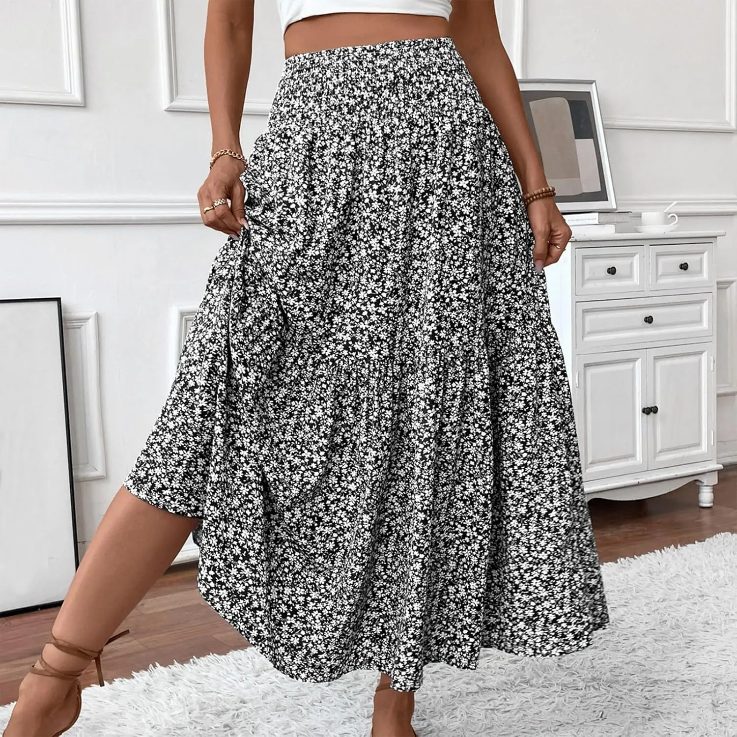 Midi Skirt,Flowy Long Skirts for Women 2025 Elastic High Waisted Pleated Womens Boho Maxi Skirt with Pockets Summer