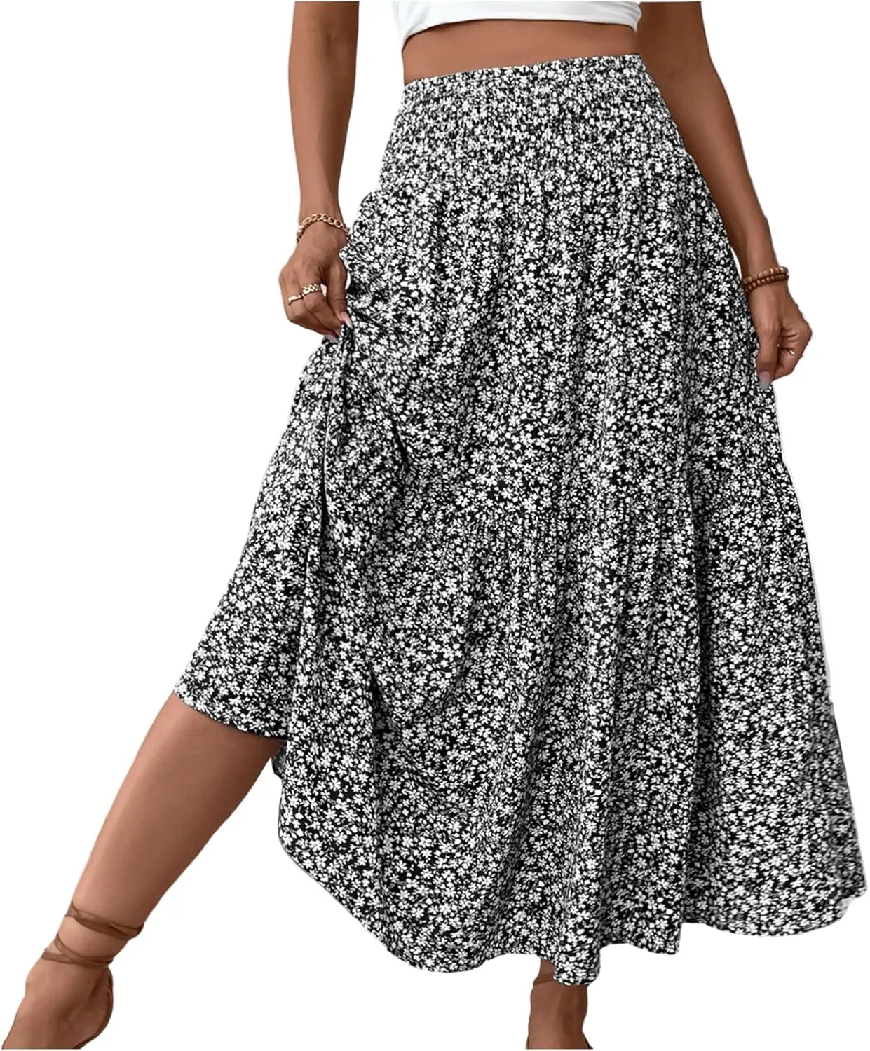 Midi Skirt,Flowy Long Skirts for Women 2025 Elastic High Waisted Pleated Womens Boho Maxi Skirt with Pockets Summer