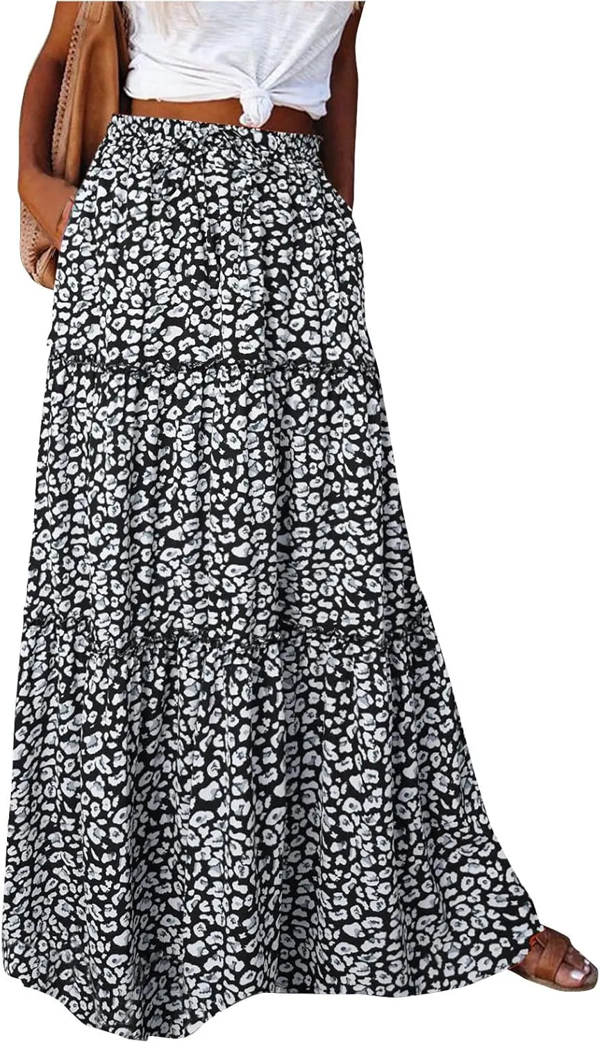 Midi Skirt,Linen Womens Boho Maxi Skirt with Pockets Trendy Flowy Long Skirts for Women 2025 Elastic High Waisted
