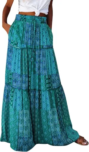 Midi Skirt,Linen Womens Boho Maxi Skirt with Pockets Trendy Flowy Long Skirts for Women 2025 Elastic High Waisted