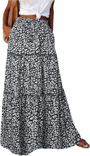 Midi Skirt,Linen Womens Boho Maxi Skirt with Pockets Trendy Flowy Long Skirts for Women 2025 Elastic High Waisted