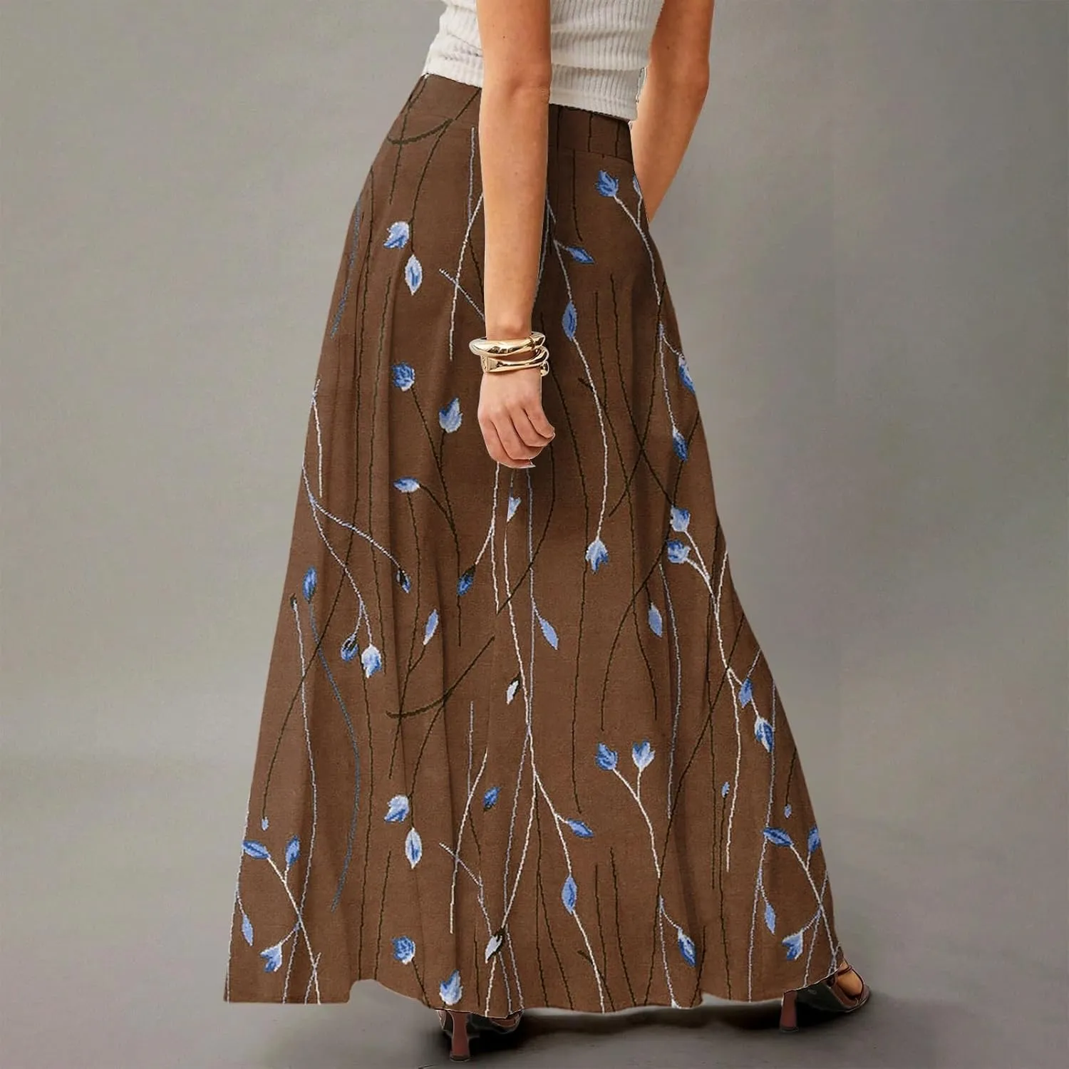 Midi Skirts for Women High Waisted Pleated A-Line Summer Swing Floral Long with Pockets
