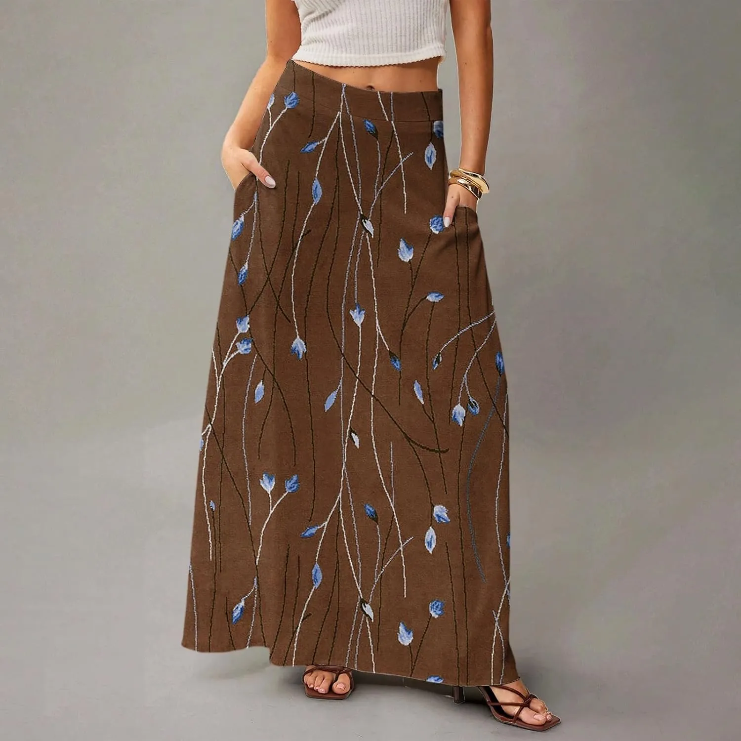 Midi Skirts for Women High Waisted Pleated A-Line Summer Swing Floral Long with Pockets
