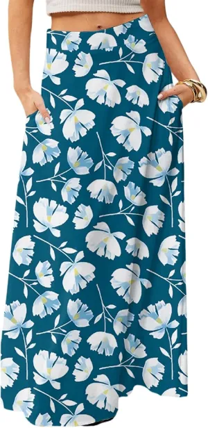 Midi Skirts for Women High Waisted Pleated A-Line Summer Swing Floral Long with Pockets