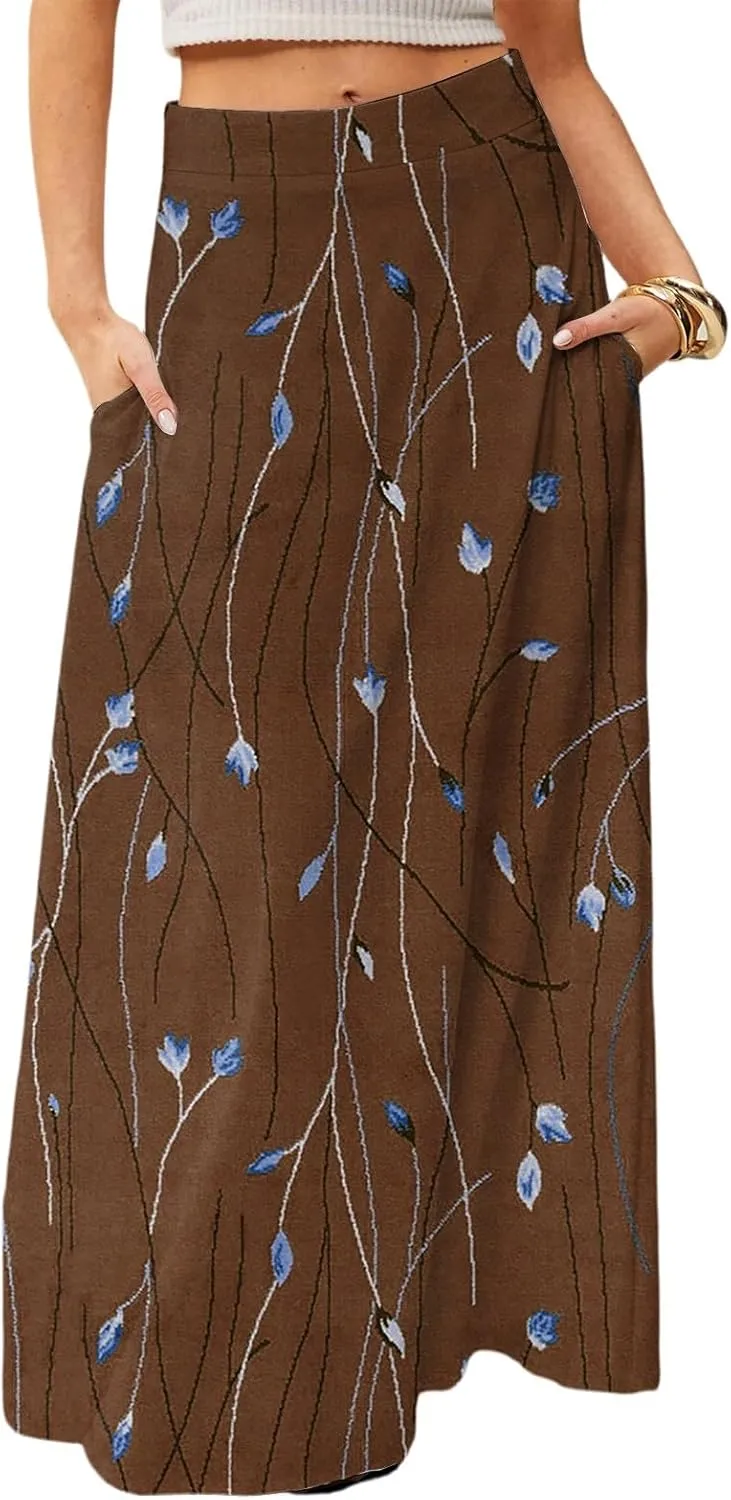 Midi Skirts for Women High Waisted Pleated A-Line Summer Swing Floral Long with Pockets