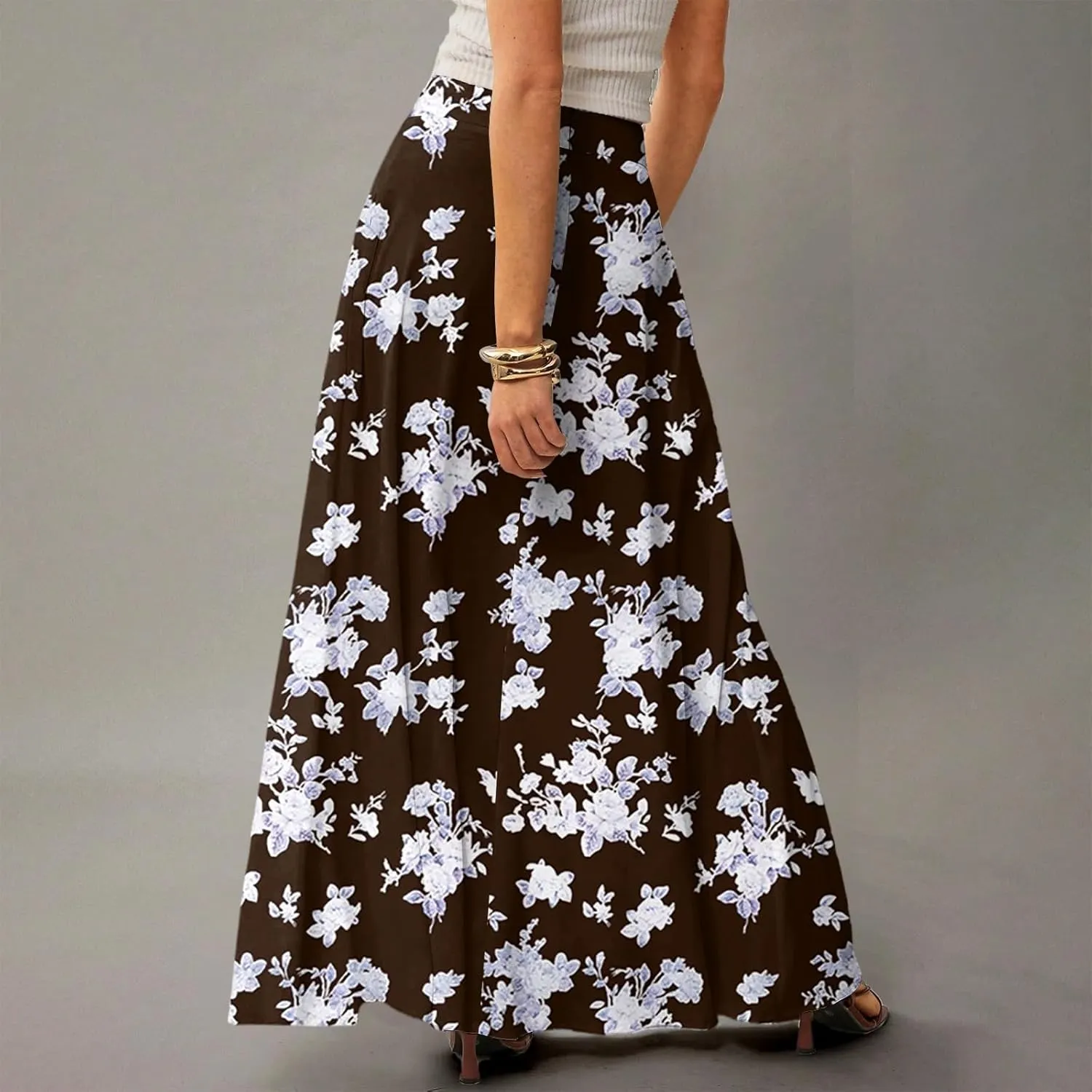 Midi Skirts for Women High Waisted Pleated A-Line Summer Swing Floral Long with Pockets