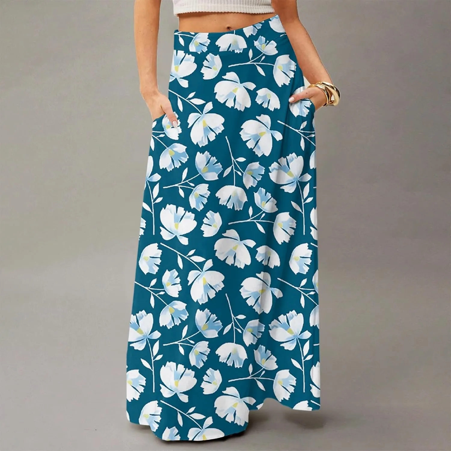 Midi Skirts for Women High Waisted Pleated A-Line Summer Swing Floral Long with Pockets