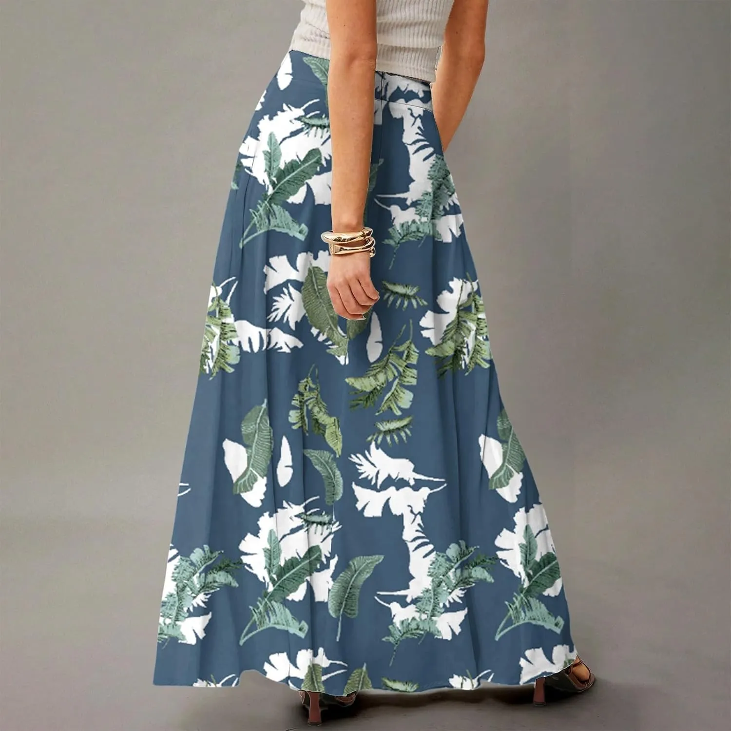 Midi Skirts for Women High Waisted Pleated A-Line Summer Swing Floral Long with Pockets