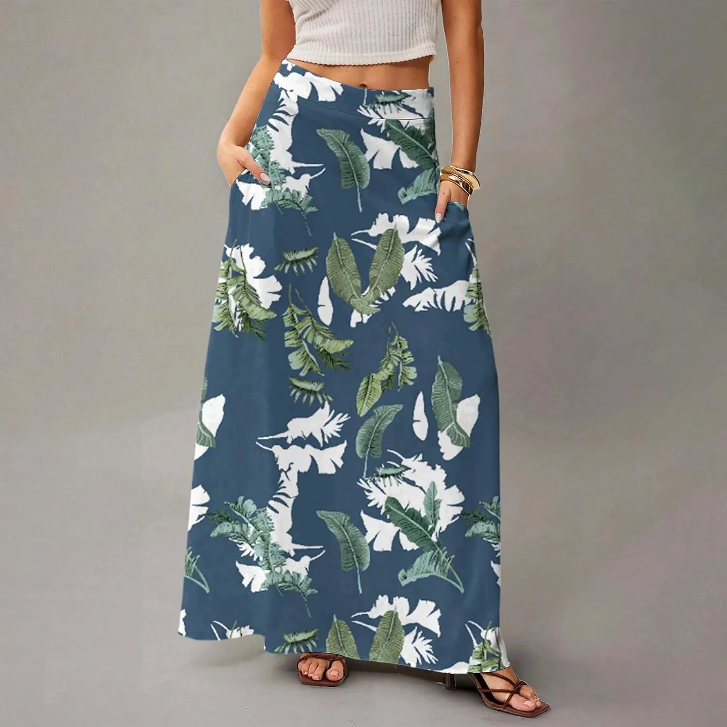Midi Skirts for Women High Waisted Pleated A-Line Summer Swing Floral Long with Pockets