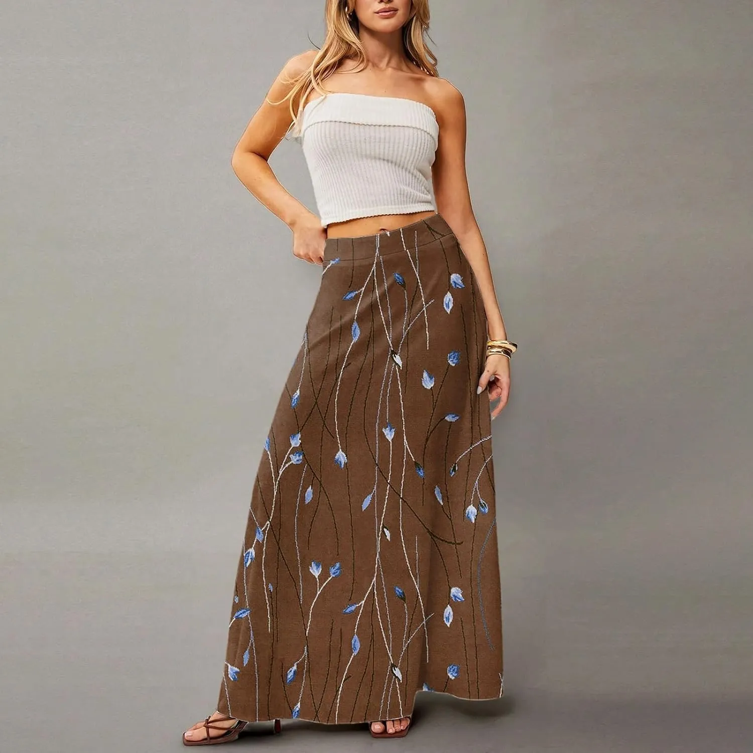Midi Skirts for Women High Waisted Pleated A-Line Summer Swing Floral Long with Pockets