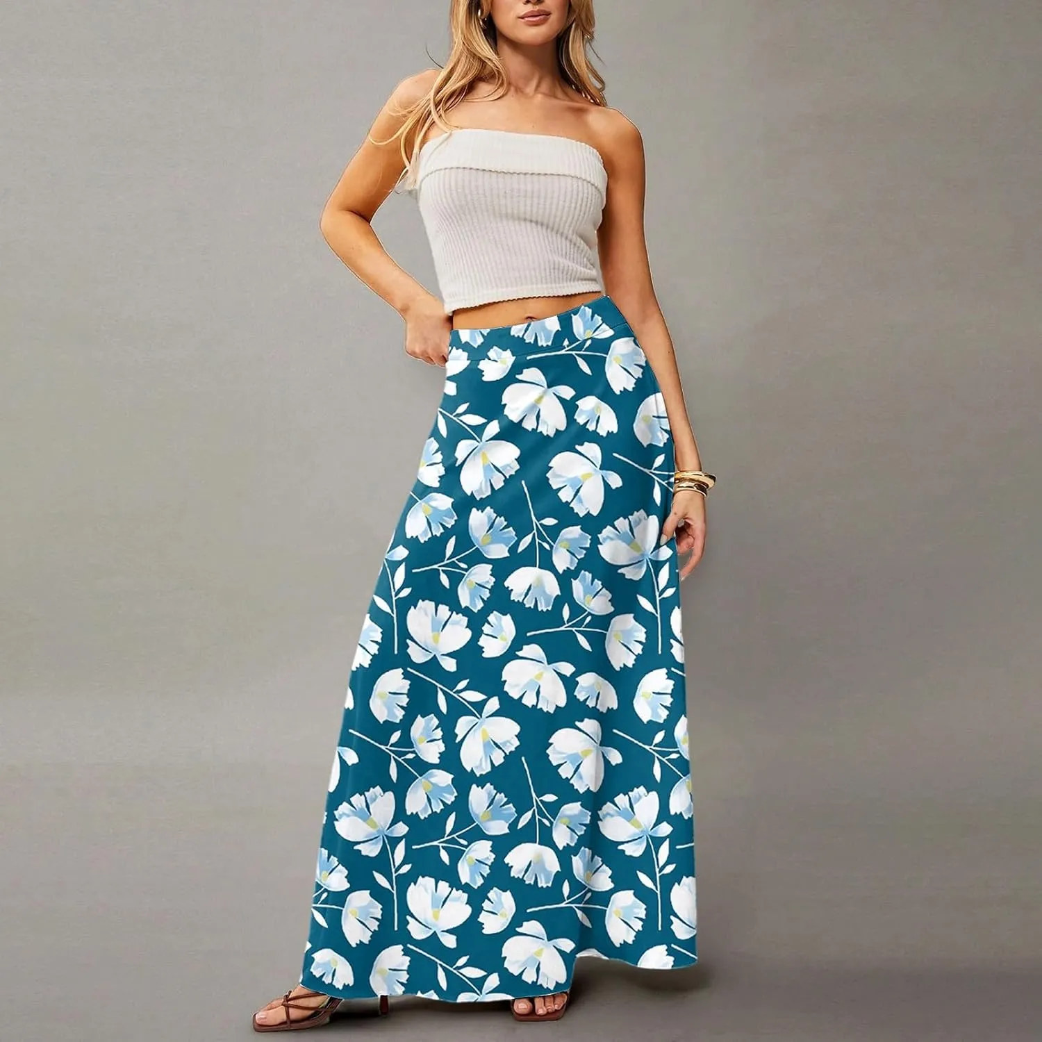 Midi Skirts for Women High Waisted Pleated A-Line Summer Swing Floral Long with Pockets
