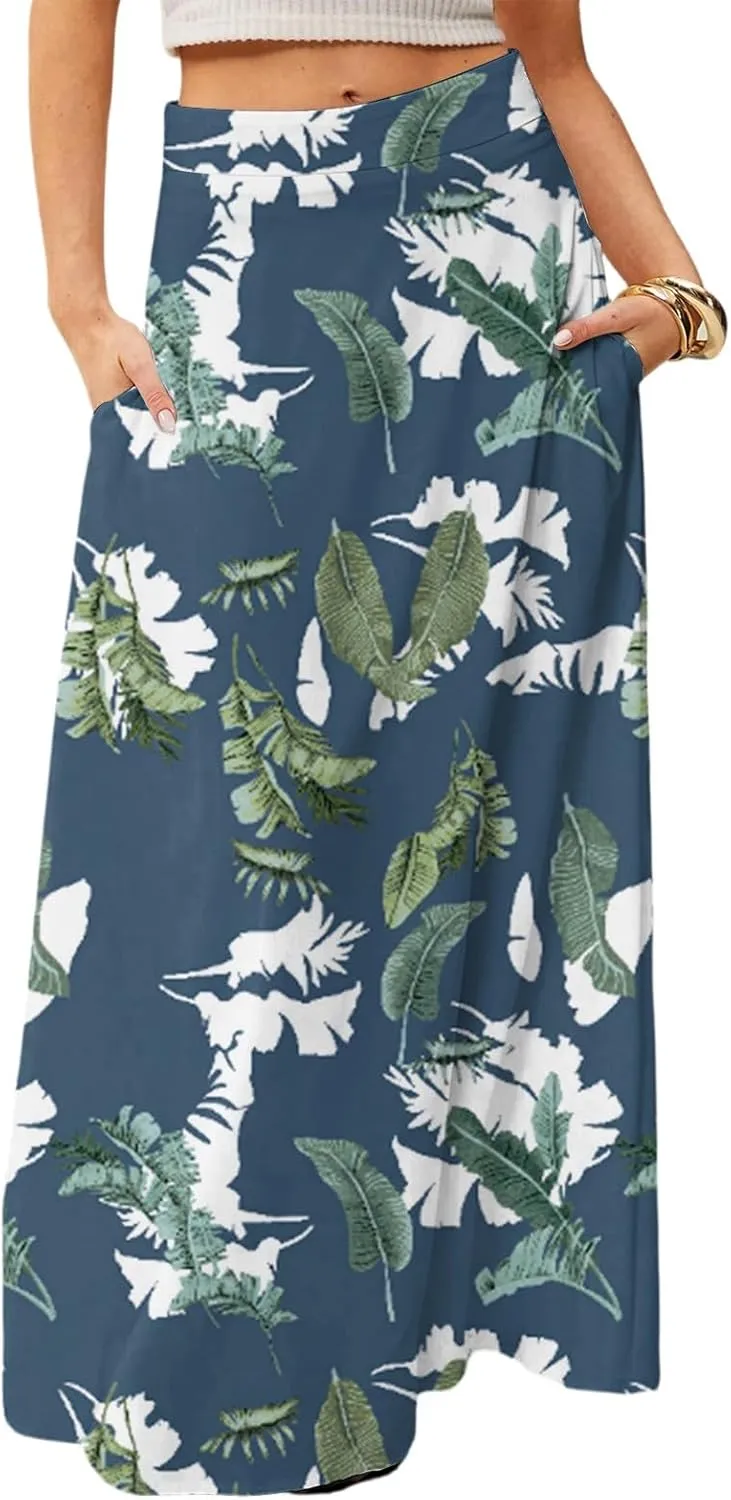 Midi Skirts for Women High Waisted Pleated A-Line Summer Swing Floral Long with Pockets