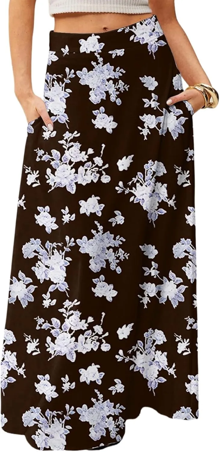 Midi Skirts for Women High Waisted Pleated A-Line Summer Swing Floral Long with Pockets