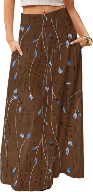 Midi Skirts for Women High Waisted Pleated A-Line Summer Swing Floral Long with Pockets