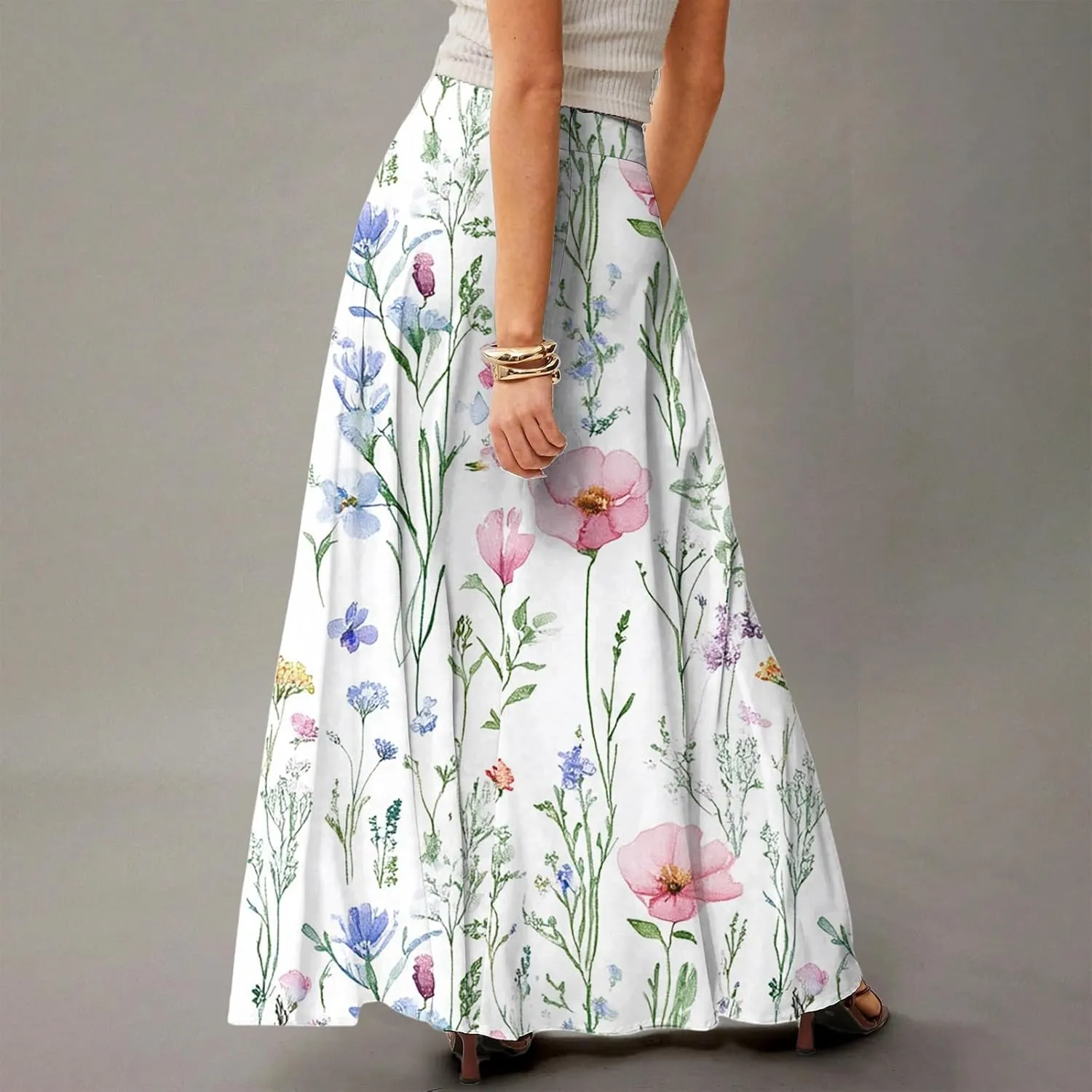Midi Skirts for Women High Waisted Pleated A-Line Summer Swing Floral Long with Pockets