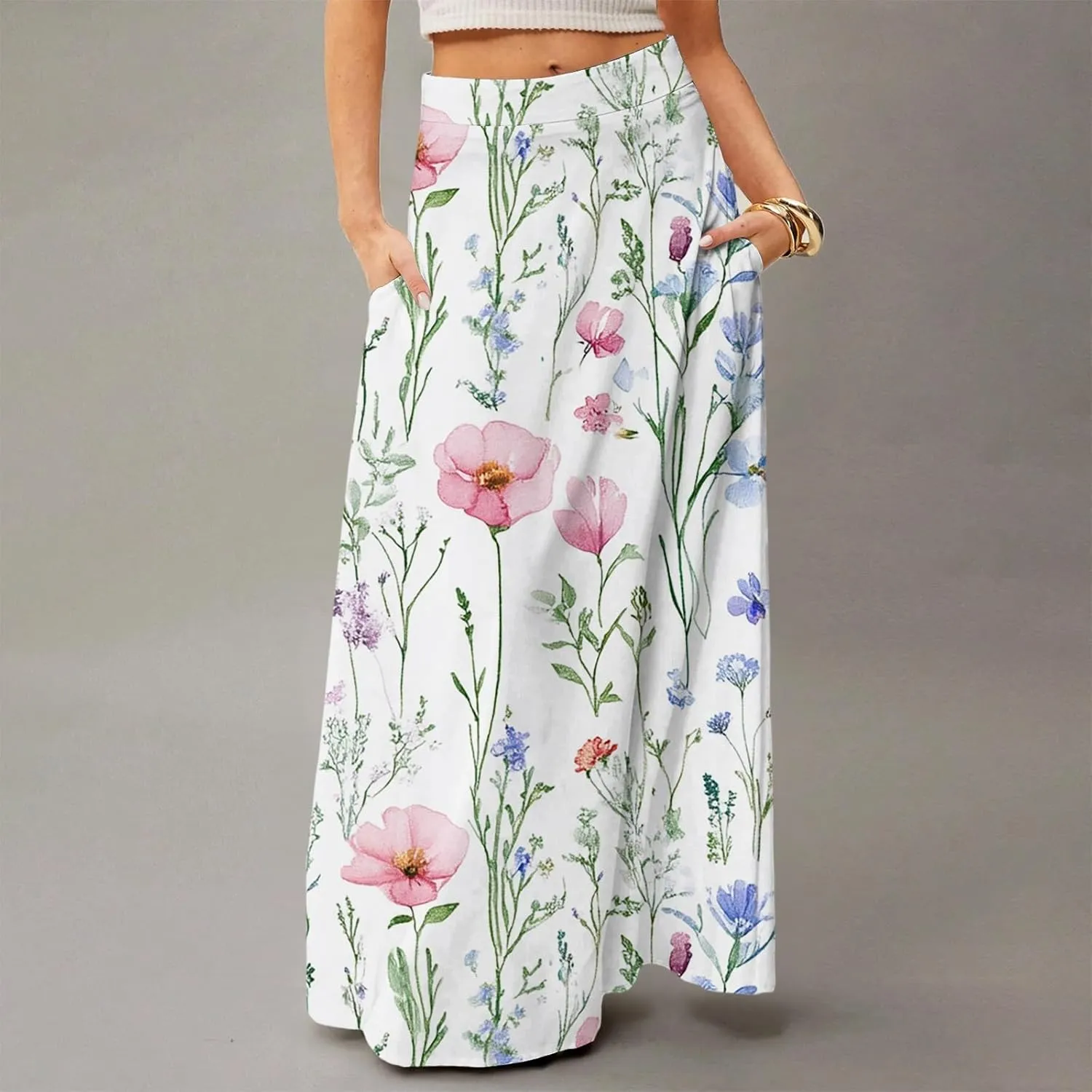 Midi Skirts for Women High Waisted Pleated A-Line Summer Swing Floral Long with Pockets