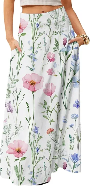 Midi Skirts for Women High Waisted Pleated A-Line Summer Swing Floral Long with Pockets