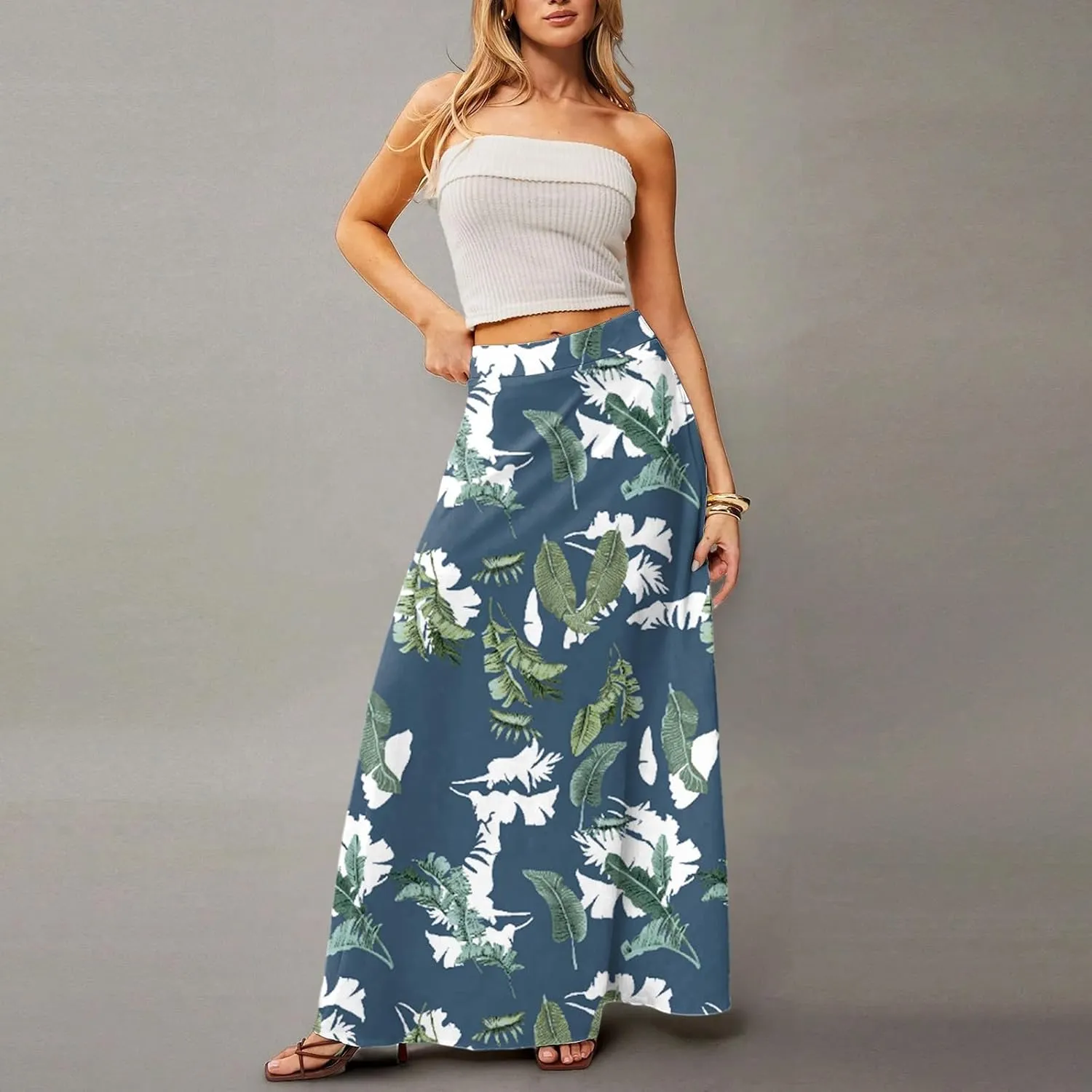 Midi Skirts for Women High Waisted Pleated A-Line Summer Swing Floral Long with Pockets