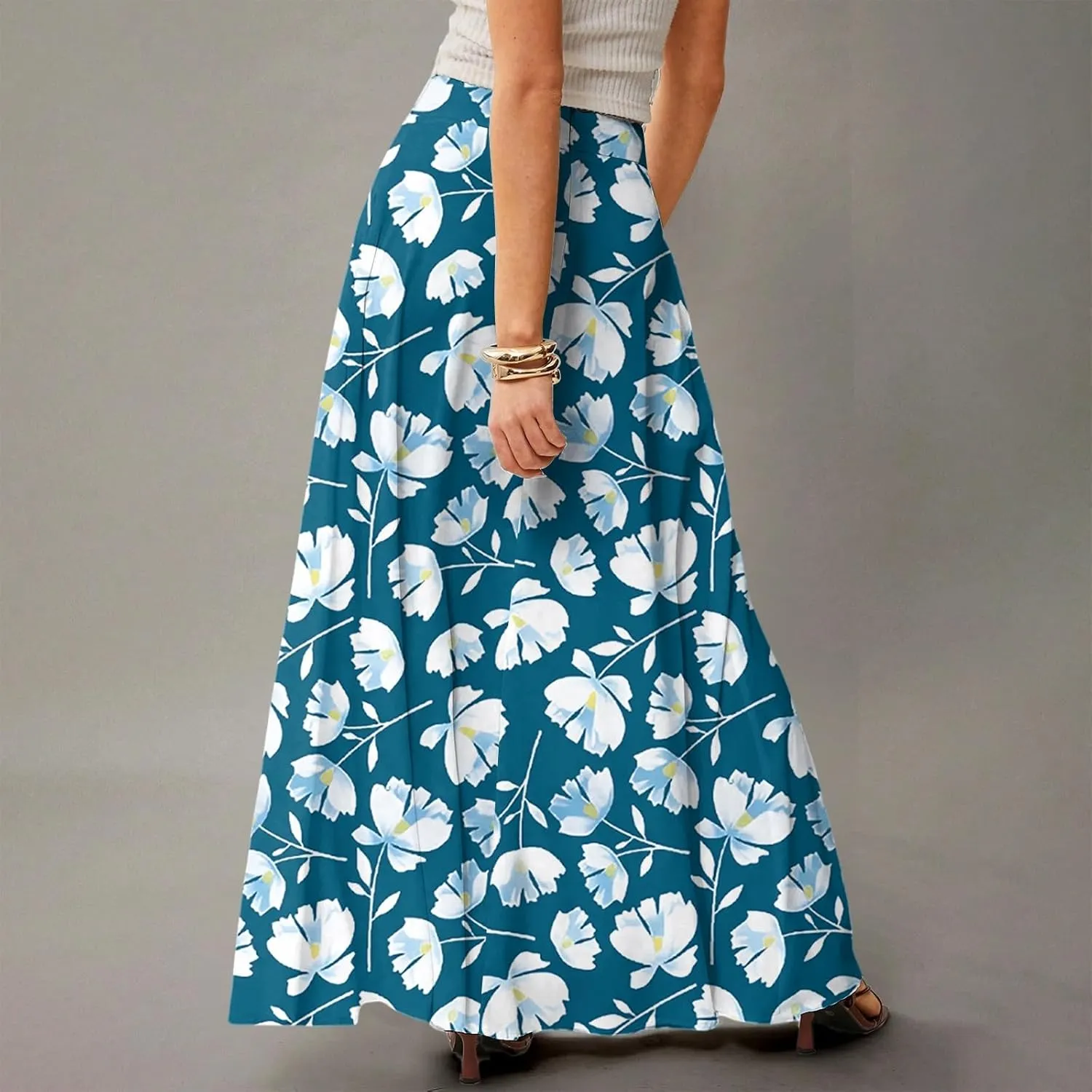 Midi Skirts for Women High Waisted Pleated A-Line Summer Swing Floral Long with Pockets