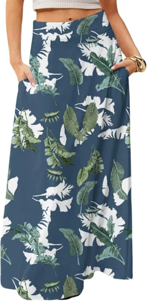 Midi Skirts for Women High Waisted Pleated A-Line Summer Swing Floral Long with Pockets