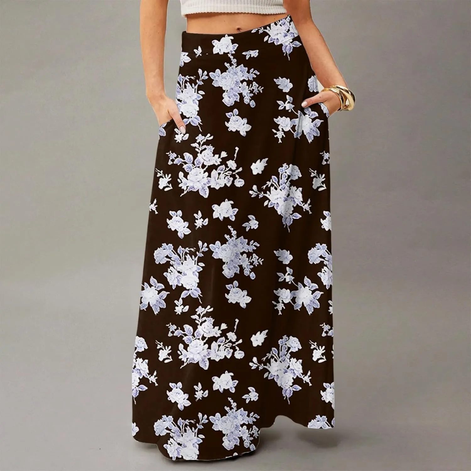 Midi Skirts for Women High Waisted Pleated A-Line Summer Swing Floral Long with Pockets