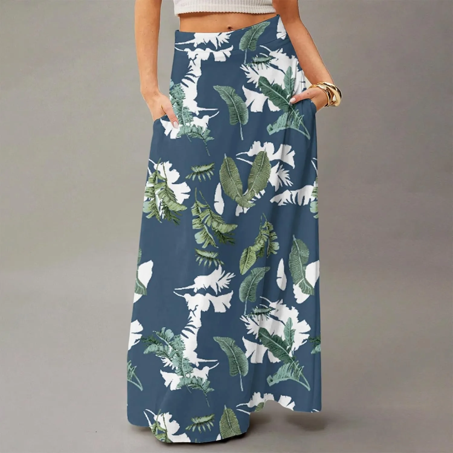 Midi Skirts for Women High Waisted Pleated A-Line Summer Swing Floral Long with Pockets