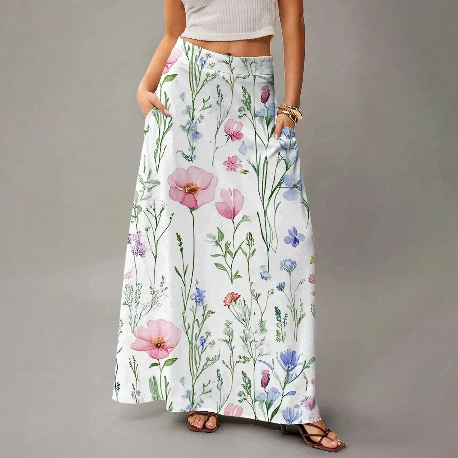Midi Skirts for Women High Waisted Pleated A-Line Summer Swing Floral Long with Pockets