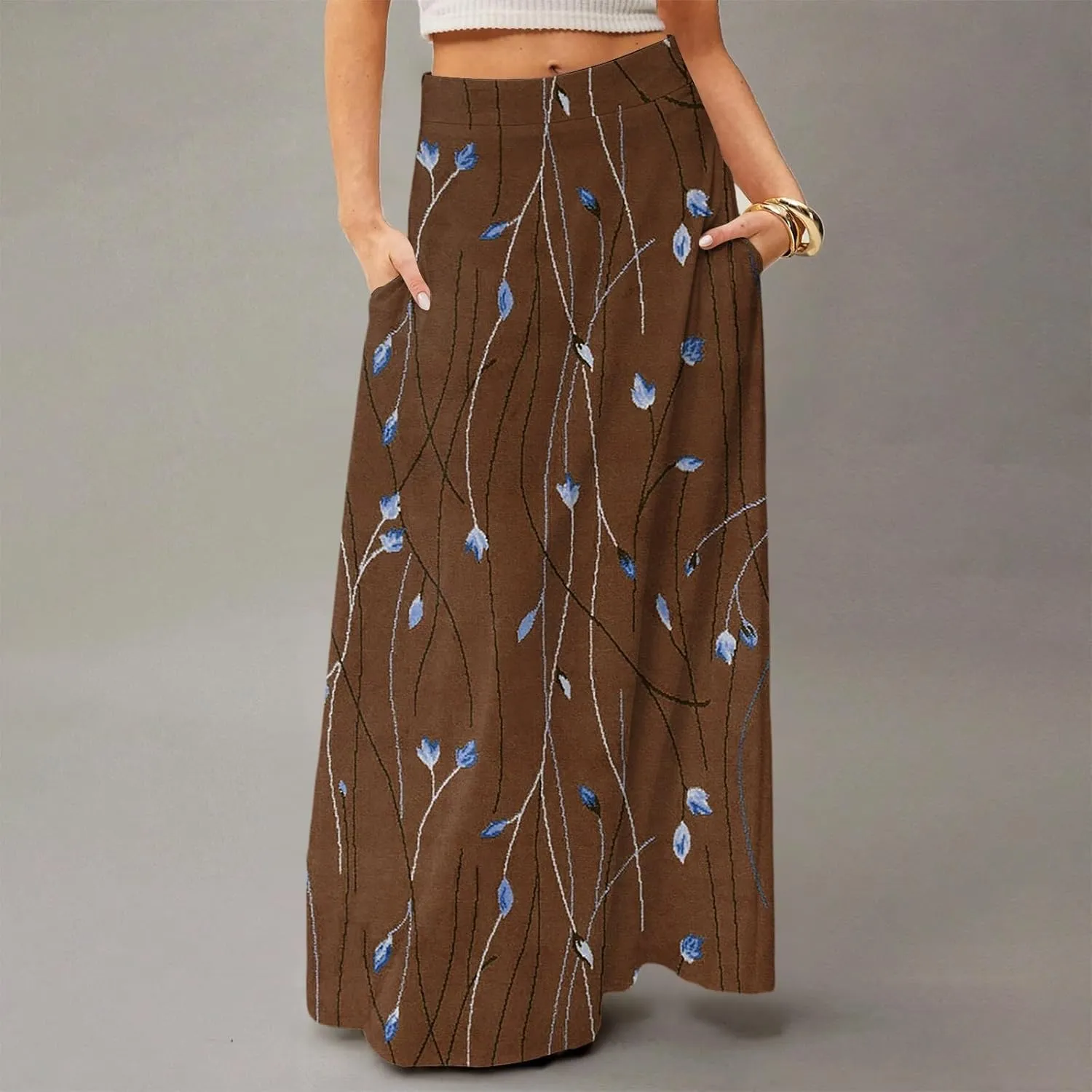 Midi Skirts for Women High Waisted Pleated A-Line Summer Swing Floral Long with Pockets