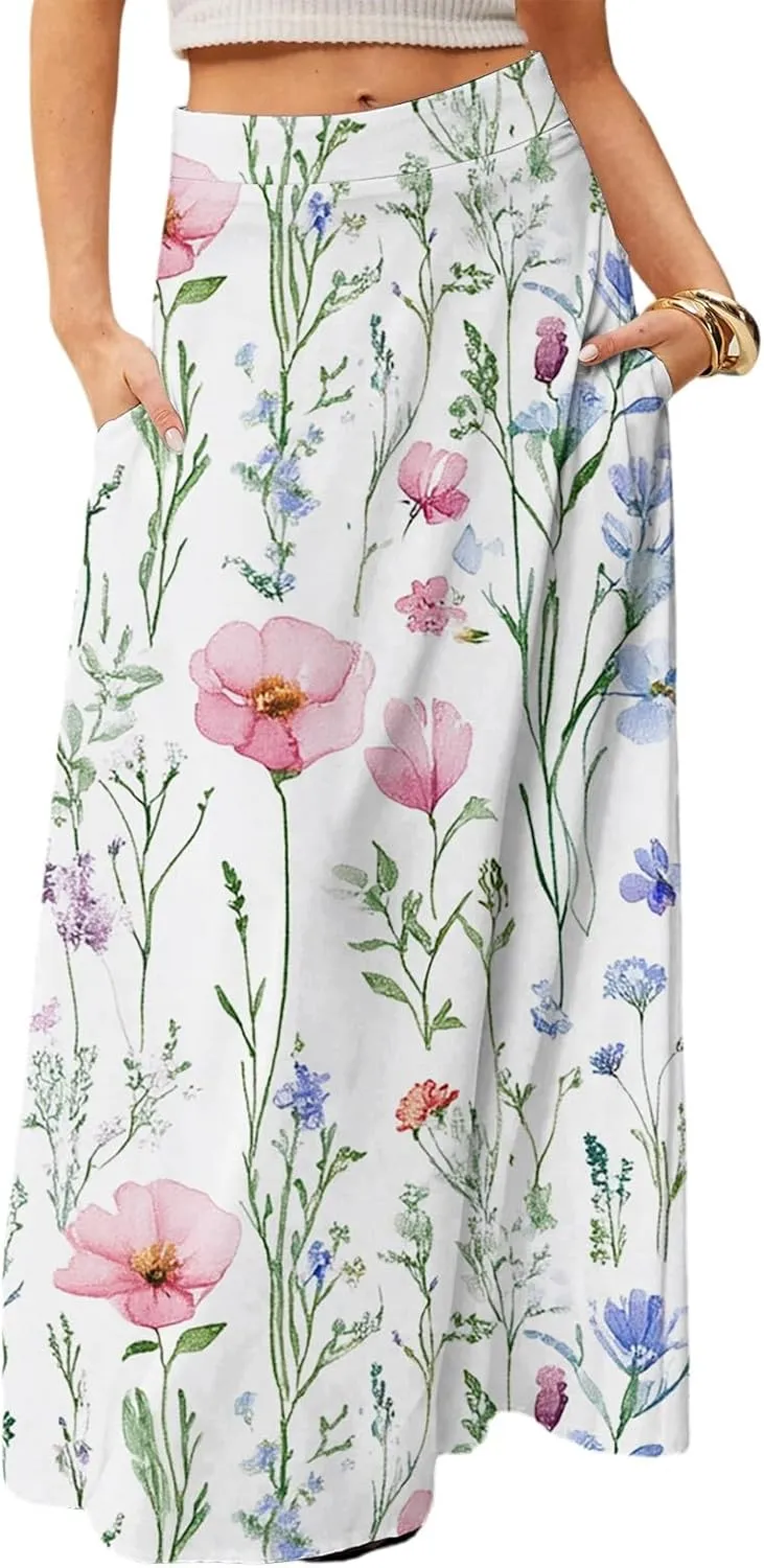 Midi Skirts for Women High Waisted Pleated A-Line Summer Swing Floral Long with Pockets