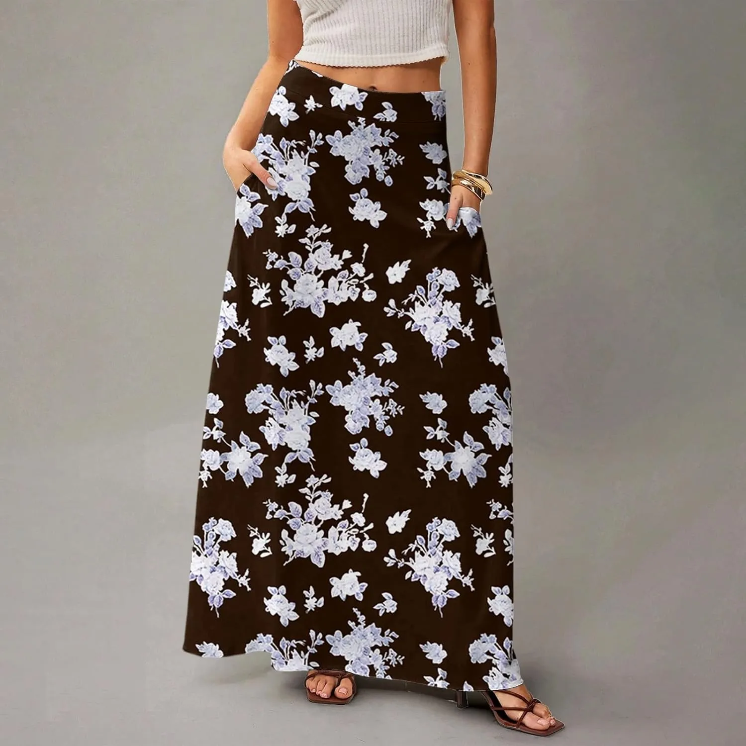 Midi Skirts for Women High Waisted Pleated A-Line Summer Swing Floral Long with Pockets