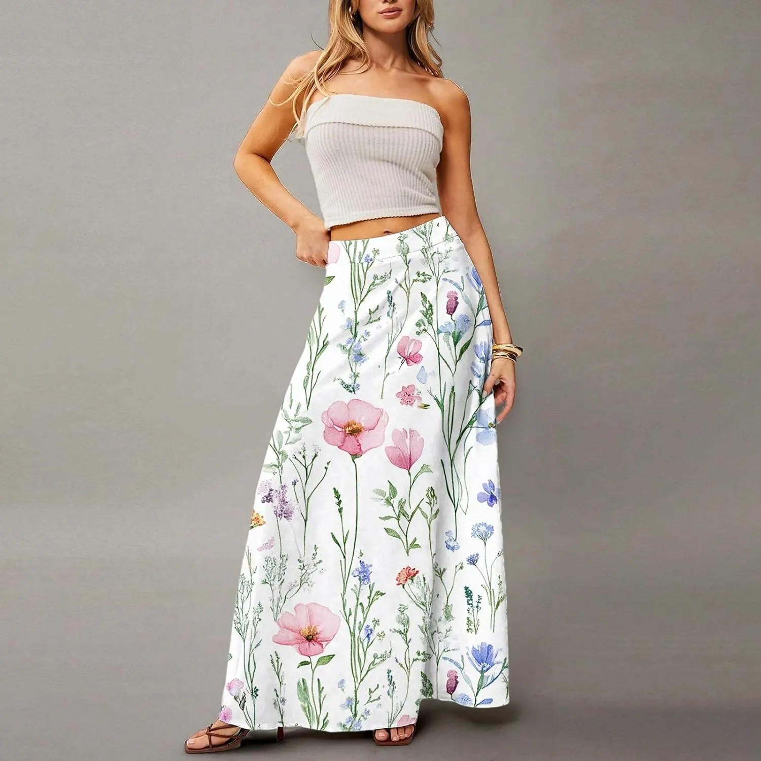 Midi Skirts for Women High Waisted Pleated A-Line Summer Swing Floral Long with Pockets