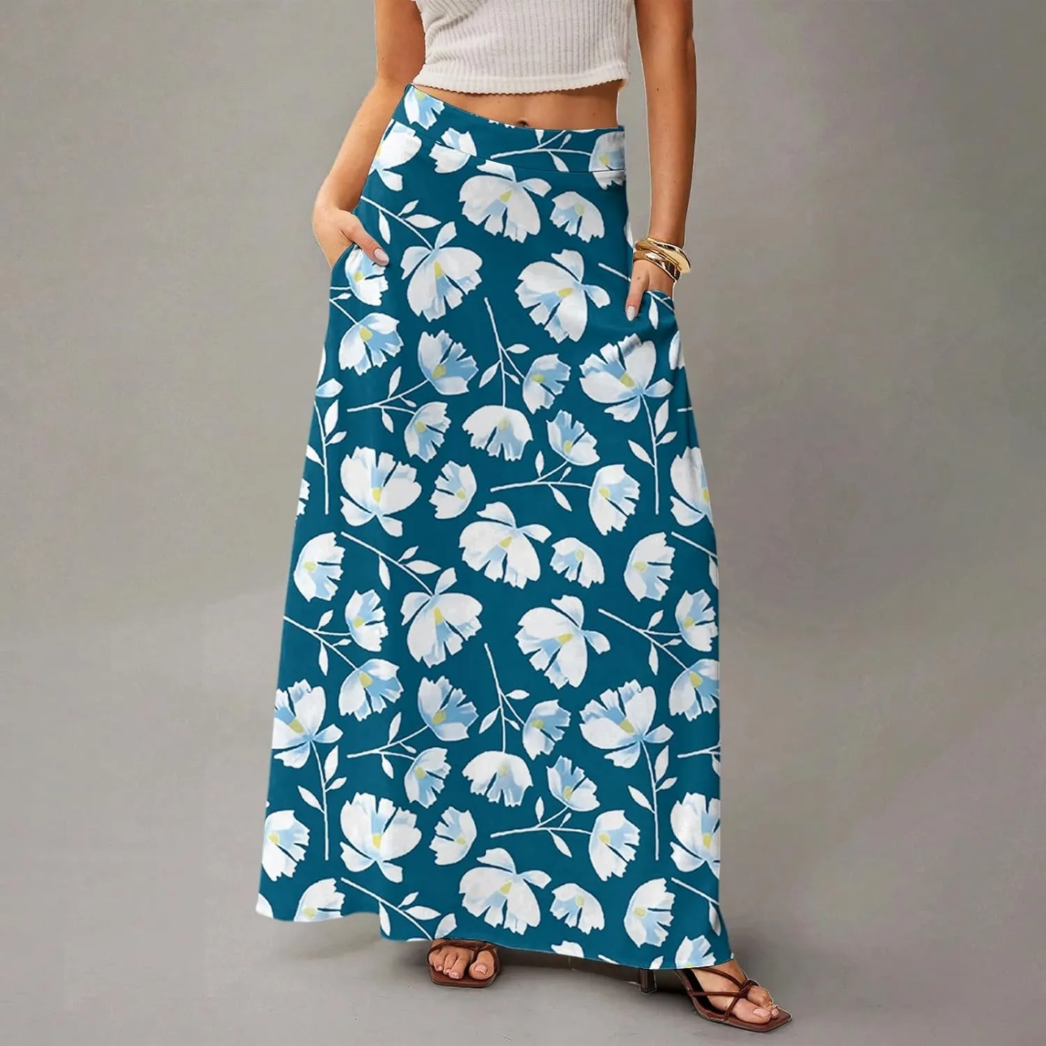 Midi Skirts for Women High Waisted Pleated A-Line Summer Swing Floral Long with Pockets