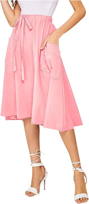 Midi Skirts for Women Summer Drawstring Elastic Waisted Flowy A-Line Swing Pleated Skirt with Pockets