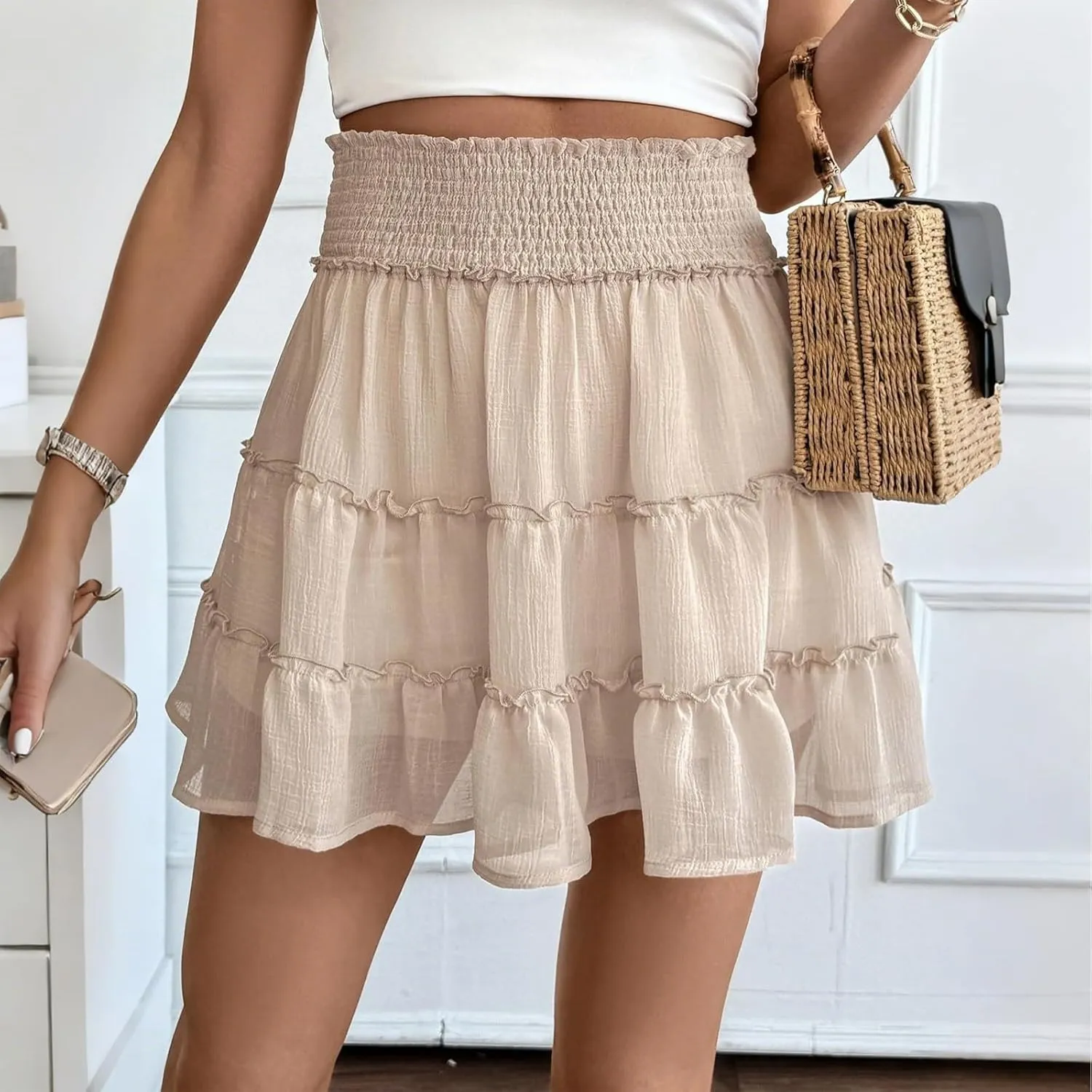 Mini Skirts with Shorts for Women Cute Summer High Waisted Tiered Ruffle Short Skirt Flowy Beach Chiffon Skirt