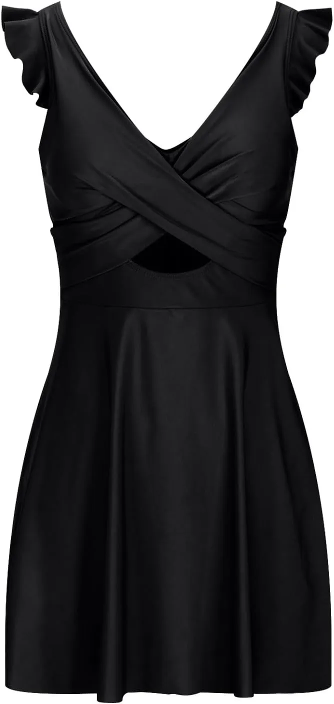 NATHGAM One Piece Swimsuit Women Wrap Vneck Tummy Control Swimsuits Cutout Ruffle Pleated Skirt Bathing Suit 1 Piece Swimwear