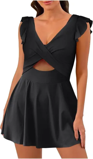 NATHGAM One Piece Swimsuit Women Wrap Vneck Tummy Control Swimsuits Cutout Ruffle Pleated Skirt Bathing Suit 1 Piece Swimwear