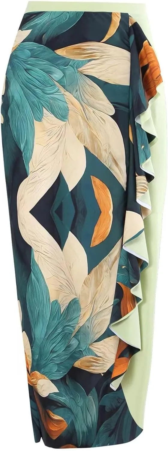 One Piece Swimsuit Women,2024 Summer Retro Print Tummy Control Bathing Suit with Beach Cover Up Wrap Skirt Sarong