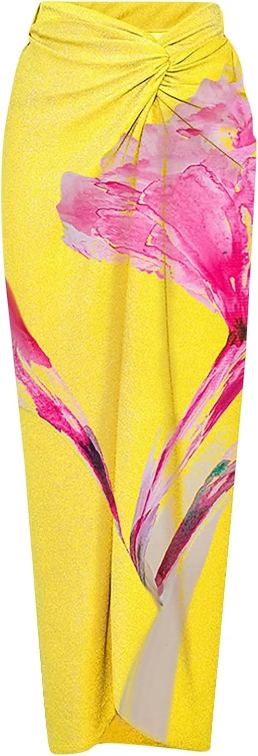 One Piece Swimsuit Women,2024 Summer Retro Print Tummy Control Bathing Suit with Beach Cover Up Wrap Skirt Sarong