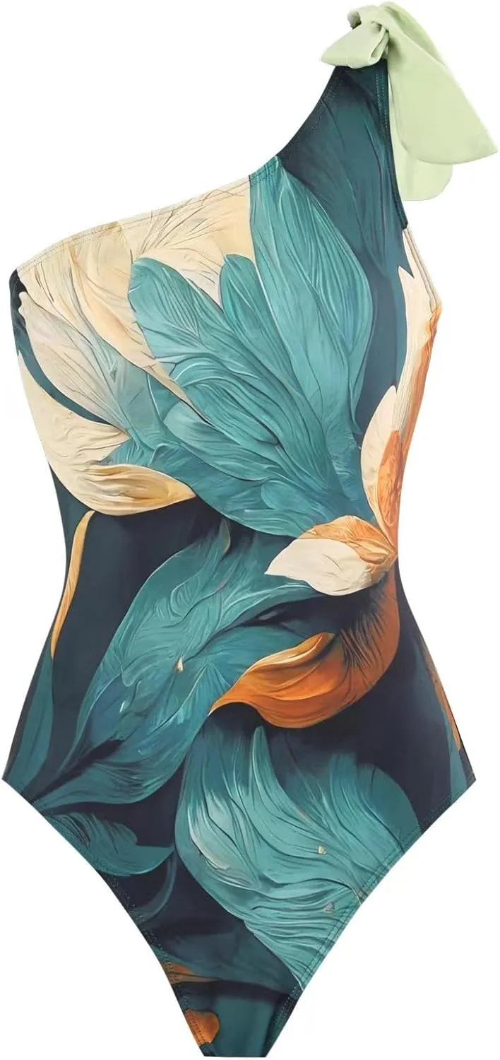 One Piece Swimsuit Women,2024 Summer Retro Print Tummy Control Bathing Suit with Beach Cover Up Wrap Skirt Sarong