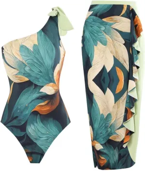 One Piece Swimsuit Women,2024 Summer Retro Print Tummy Control Bathing Suit with Beach Cover Up Wrap Skirt Sarong
