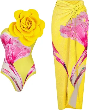 One Piece Swimsuit Women,2024 Summer Retro Print Tummy Control Bathing Suit with Beach Cover Up Wrap Skirt Sarong