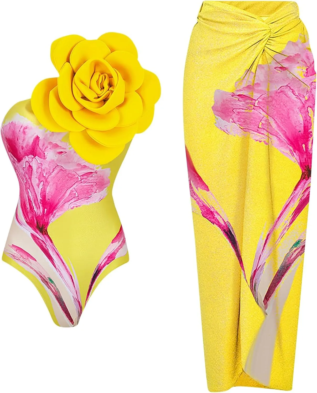One Piece Swimsuit Women,2024 Summer Retro Print Tummy Control Bathing Suit with Beach Cover Up Wrap Skirt Sarong