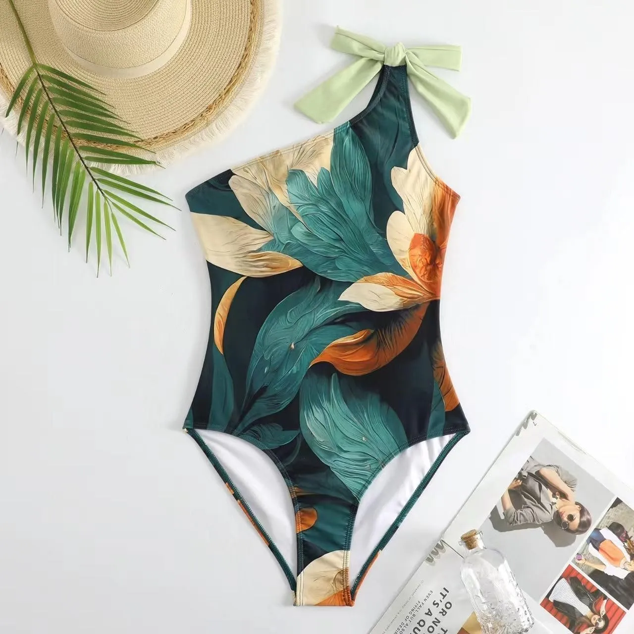 One Piece Swimsuit Women,2024 Summer Retro Print Tummy Control Bathing Suit with Beach Cover Up Wrap Skirt Sarong
