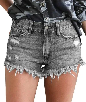 onlypuff Women's Ripped Mid Waisted Denim Shorts with Pockets