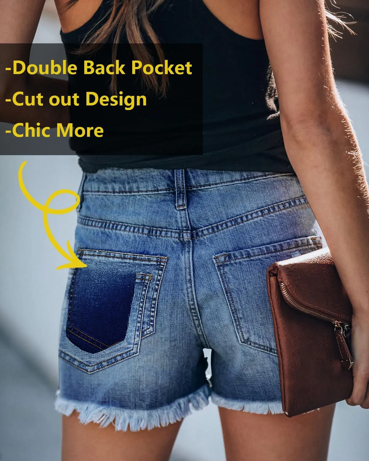 onlypuff Women's Ripped Mid Waisted Denim Shorts with Pockets