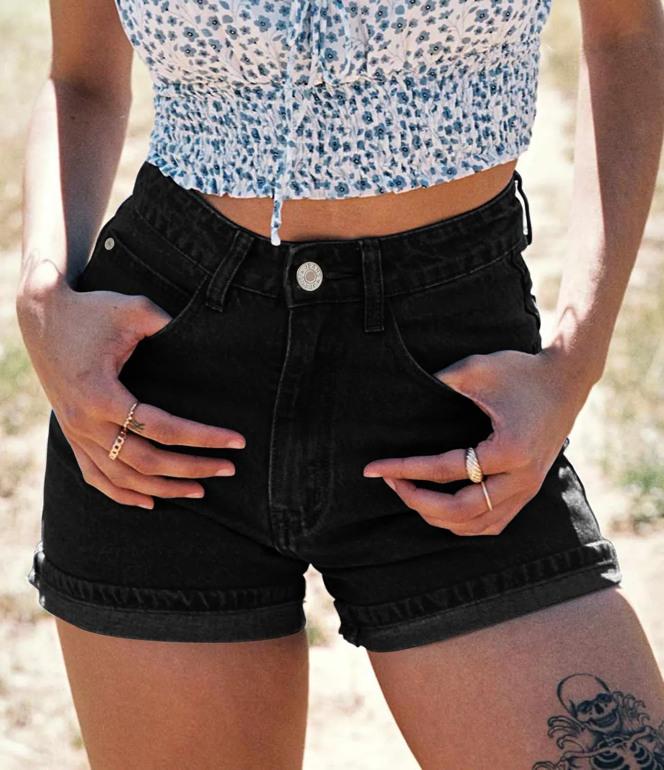 onlypuff Women's Ripped Mid Waisted Denim Shorts with Pockets