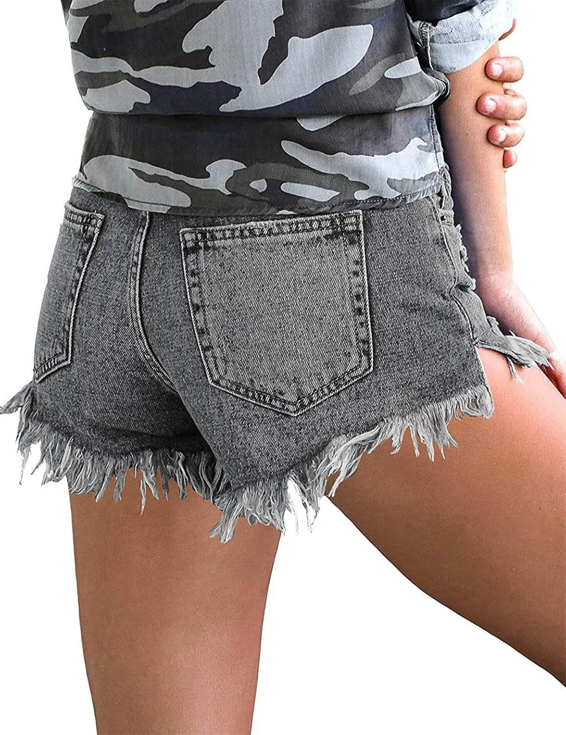onlypuff Women's Ripped Mid Waisted Denim Shorts with Pockets