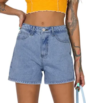 onlypuff Women's Ripped Mid Waisted Denim Shorts with Pockets