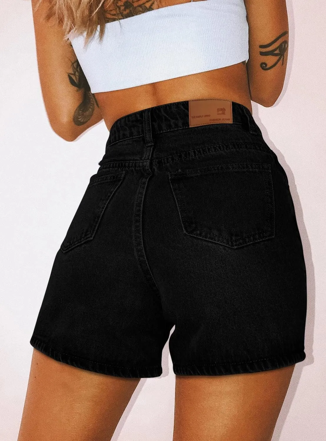 onlypuff Women's Ripped Mid Waisted Denim Shorts with Pockets