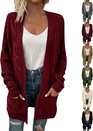 Open Front Cardigan for Women Oversized Long Sleeve Cable Knit Sweater Comfy Chunky Cardigan with Pockets